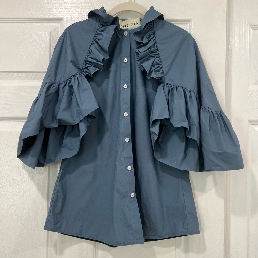 TISH COX Ruffled Buttoned Downed Blouse
